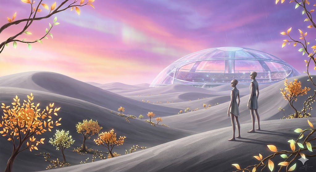 A landscape of Alpha Centauri I with violet skies, gray soil, and tall humanoid inhabitants.