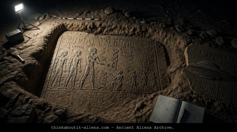 A carved stone tablet being excavated at night showing tall humanoid figures presenting a DNA helix to kneeling humans, with archaeological tools and star charts nearby
