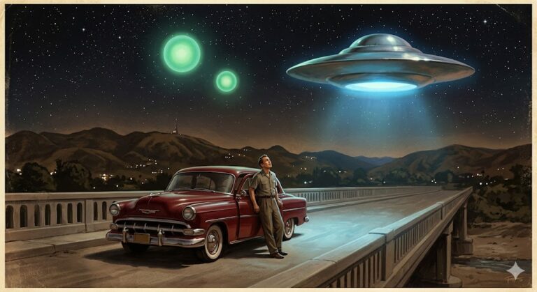 Orfeo Angelucci: The Secret of the Saucers 1952 UFO encounter with green orbs and flying saucer.