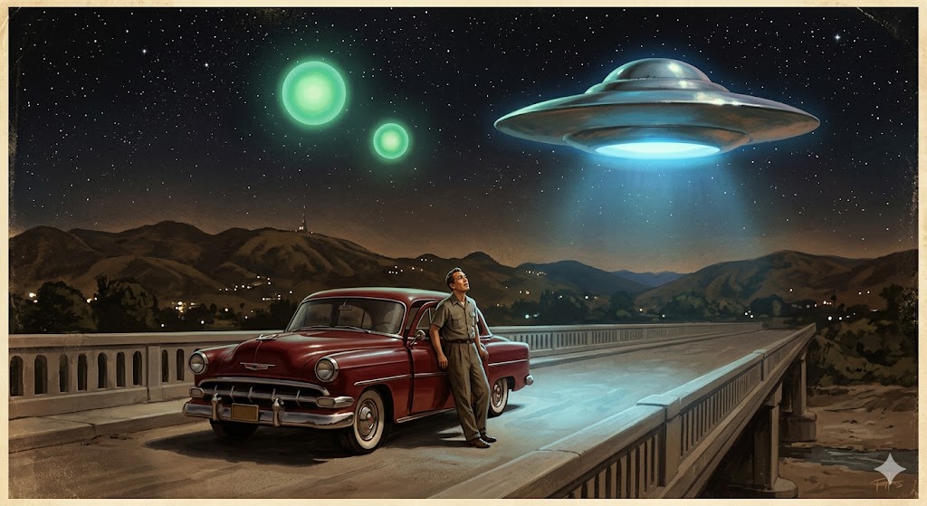 Orfeo Angelucci: The Secret of the Saucers 1952 UFO encounter with green orbs and flying saucer.