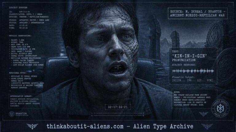Dossier-style illustration of a humanoid figure mid-speech with a reptilian silhouette bleeding through its face, set against faint ancient Antarctic ruins, representing the "kin-in-i-gin" infiltrator test.