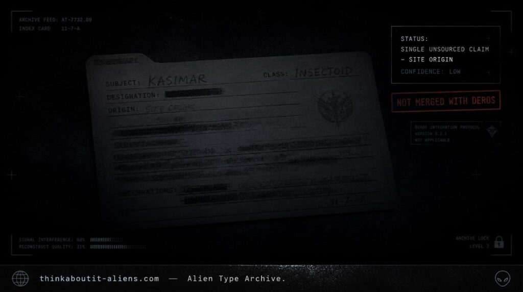 Dossier-style rendering of a dim, mostly illegible archival index card referencing a Kasimar-insectoid mutation claim, with no figure depicted