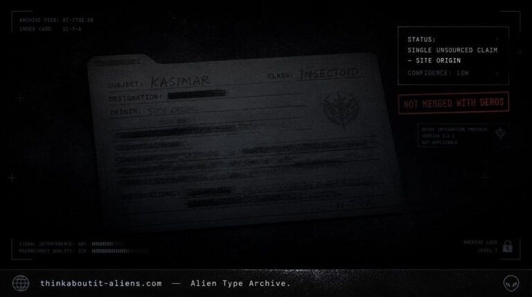 Dossier-style rendering of a dim, mostly illegible archival index card referencing a Kasimar-insectoid mutation claim, with no figure depicted
