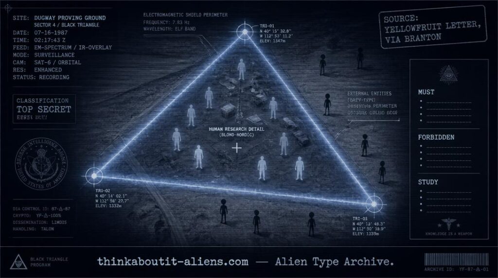 Dossier-style illustration of an electromagnetic triangle shield around a desert test site, with human-looking Benevolent figures inside and Grey-type figures outside, based on the Yellowfruit letter.