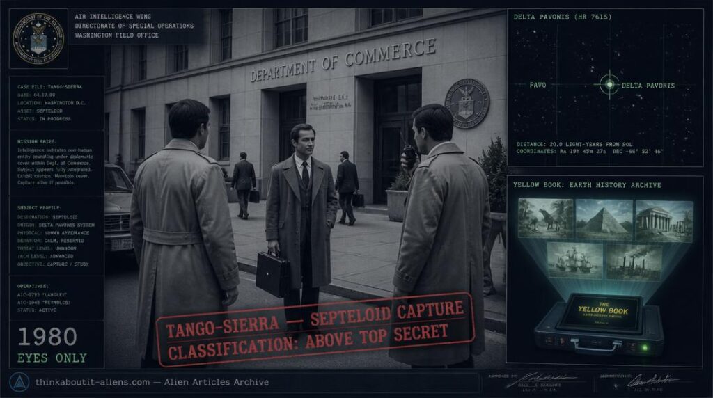 1980 Washington D.C. street scene with two plainclothes operatives approaching a calm human-looking Septeloid with briefcase outside the Department of Commerce, Delta Pavonis star chart in corner, and holographic Yellow Book device