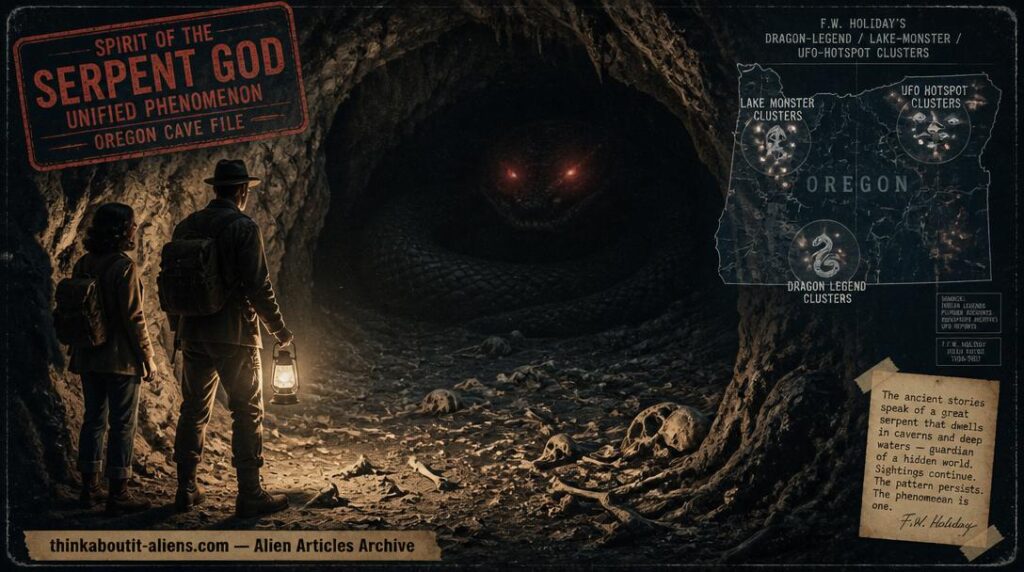 Dark Oregon cave interior with bone-fragment-covered floor and two glowing red serpent eyes deep in shadow, 1940s hikers at threshold, and F.W. Holiday dragon-UFO geographical overlap map in corner