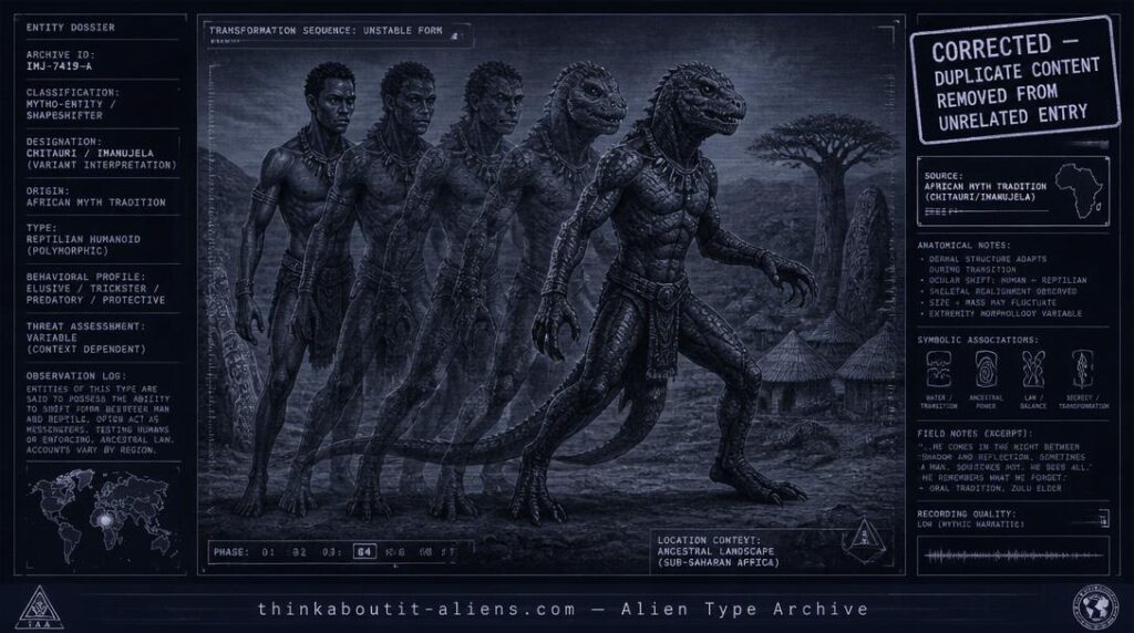 Dossier-style illustration of a shapeshifting reptilian humanoid figure mid-transformation against an ancient African landscape motif, representing the Chitauri/Imanujela tradition tied to Alpha Centauri.