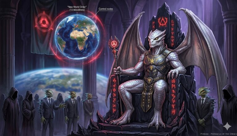 The white-scaled Draco leader Pindar sitting on an obsidian throne with human elite servants.