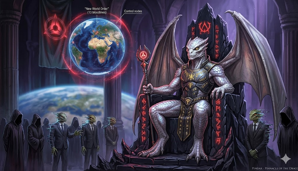 The white-scaled Draco leader Pindar sitting on an obsidian throne with human elite servants.