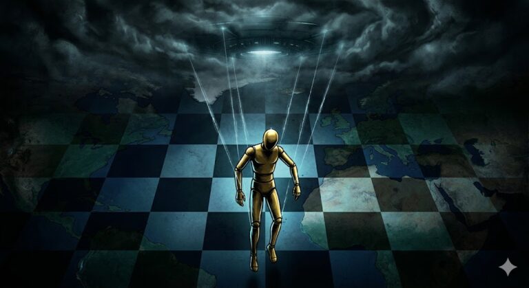 A human silhouette as a marionette controlled by an alien craft over a chessboard Earth.