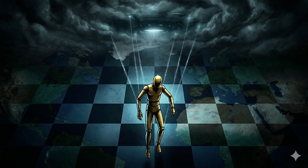 A human silhouette as a marionette controlled by an alien craft over a chessboard Earth.