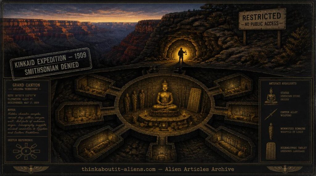 Grand Canyon wall cutaway showing underground citadel with hub chamber, radiating rooms, Buddha-like idol, mummies, copper weapons, and Kinkaid's silhouette at the cave entrance
