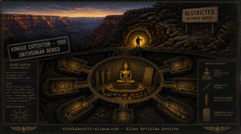 Grand Canyon wall cutaway showing underground citadel with hub chamber, radiating rooms, Buddha-like idol, mummies, copper weapons, and Kinkaid's silhouette at the cave entrance
