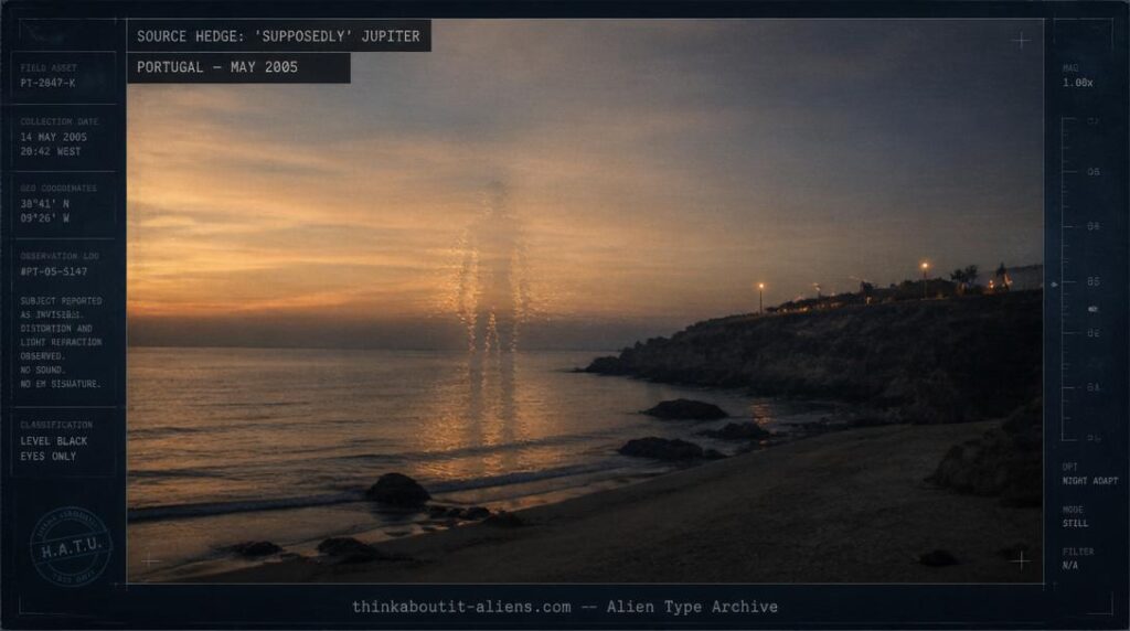 Faint heat-shimmer distortion shaped like a figure over a Portuguese coastline at dusk, illustrating the invisible Allmahuluk–Strat–163 alien type