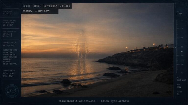 Faint heat-shimmer distortion shaped like a figure over a Portuguese coastline at dusk, illustrating the invisible Allmahuluk–Strat–163 alien type