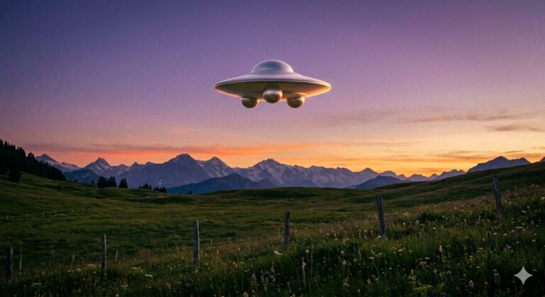 A silver metallic Pleiadian Beamship hovering over a Swiss meadow, inspired by the Billy Meier photographs.