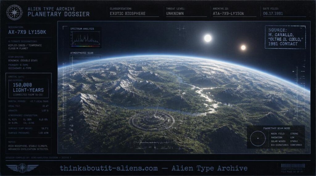 Dossier-style illustration of a lush binary-sun planet with snow-capped peaks, pearl-toned rivers, and a circular city, with a corrected distance marker of 150,000 light-years.