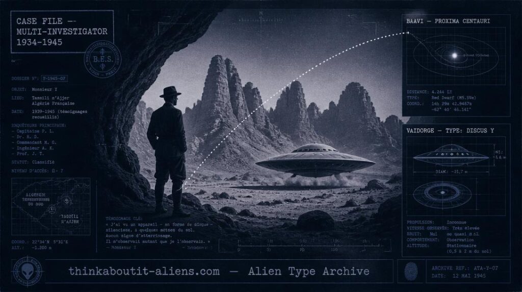Dossier-style illustration of a 1940s figure at a Tassili n'Ajjer desert cave with an overlay diagram of Proxima Centauri and a hovering disc craft, representing the Baavi contact case.