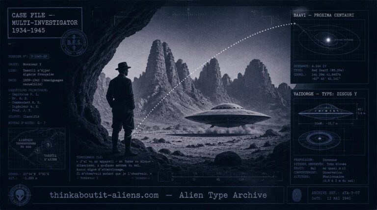 Dossier-style illustration of a 1940s figure at a Tassili n'Ajjer desert cave with an overlay diagram of Proxima Centauri and a hovering disc craft, representing the Baavi contact case.