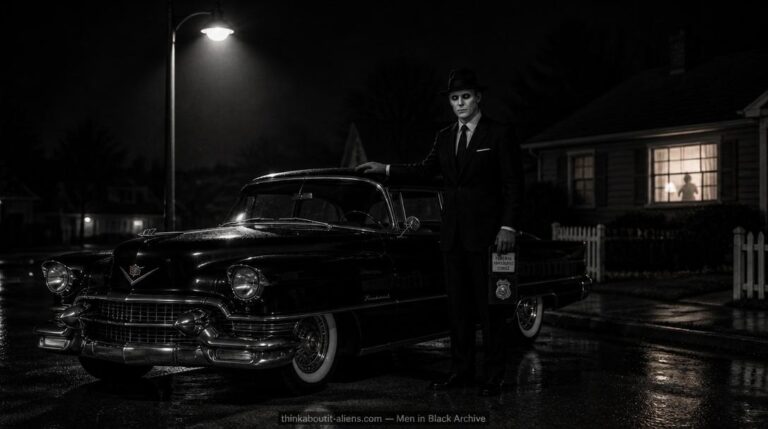 A pale-skinned Man in Black in an immaculate suit and fedora stands beside a mirror-polished 1953 Cadillac under a streetlamp on a wet suburban street, holding a false credential case, with a glowing house window in the background