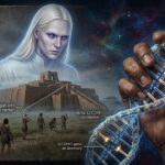 A double-exposure image showing a DNA helix and a holographic blonde alien looking at a ziggurat.
