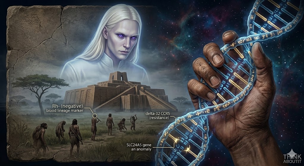 A double-exposure image showing a DNA helix and a holographic blonde alien looking at a ziggurat.