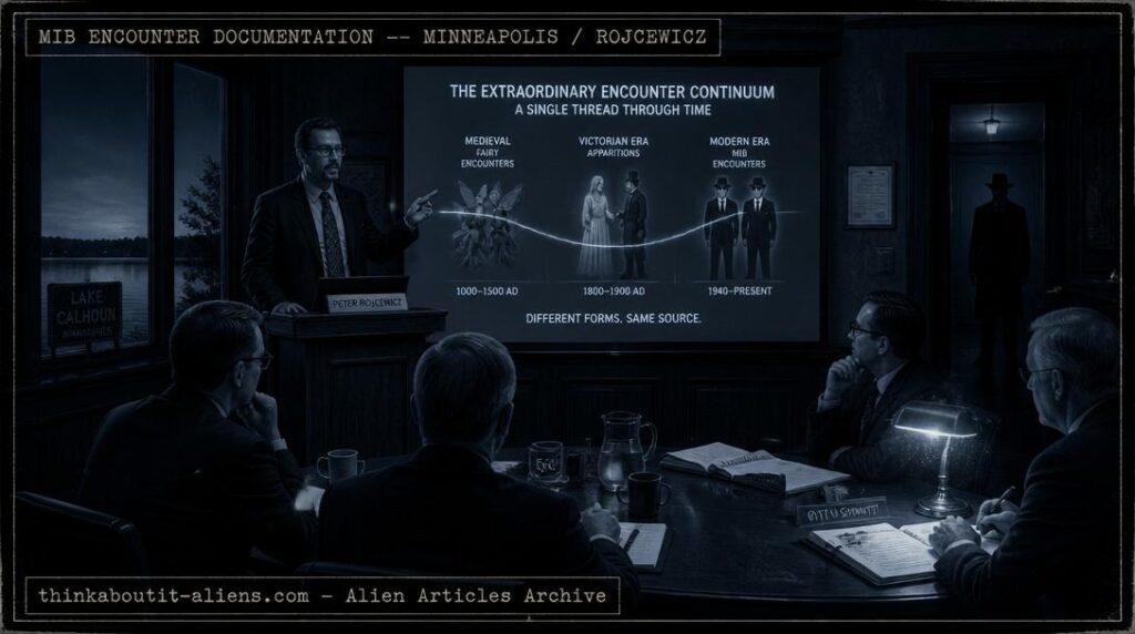 Wood-paneled conference room near Lake Calhoun with Rojcewicz at lectern, scientists at table with flickering lamp, encounter continuum diagram projected, and dark MIB figure in doorway