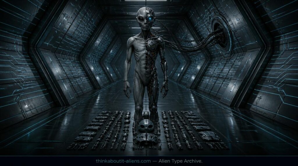 A half-Grey half-mechanical Borg-type alien entity connected to a hexagonal ship corridor by cranial cables, with a disassembled drone at its feet