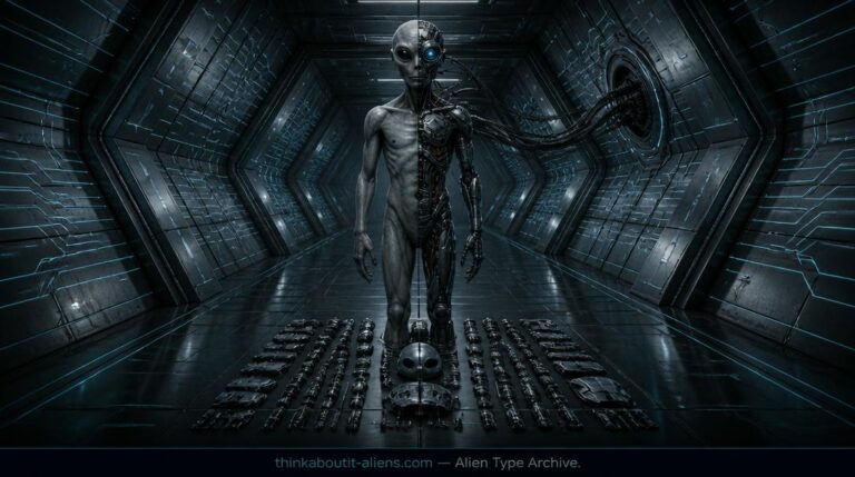 A half-Grey half-mechanical Borg-type alien entity connected to a hexagonal ship corridor by cranial cables, with a disassembled drone at its feet