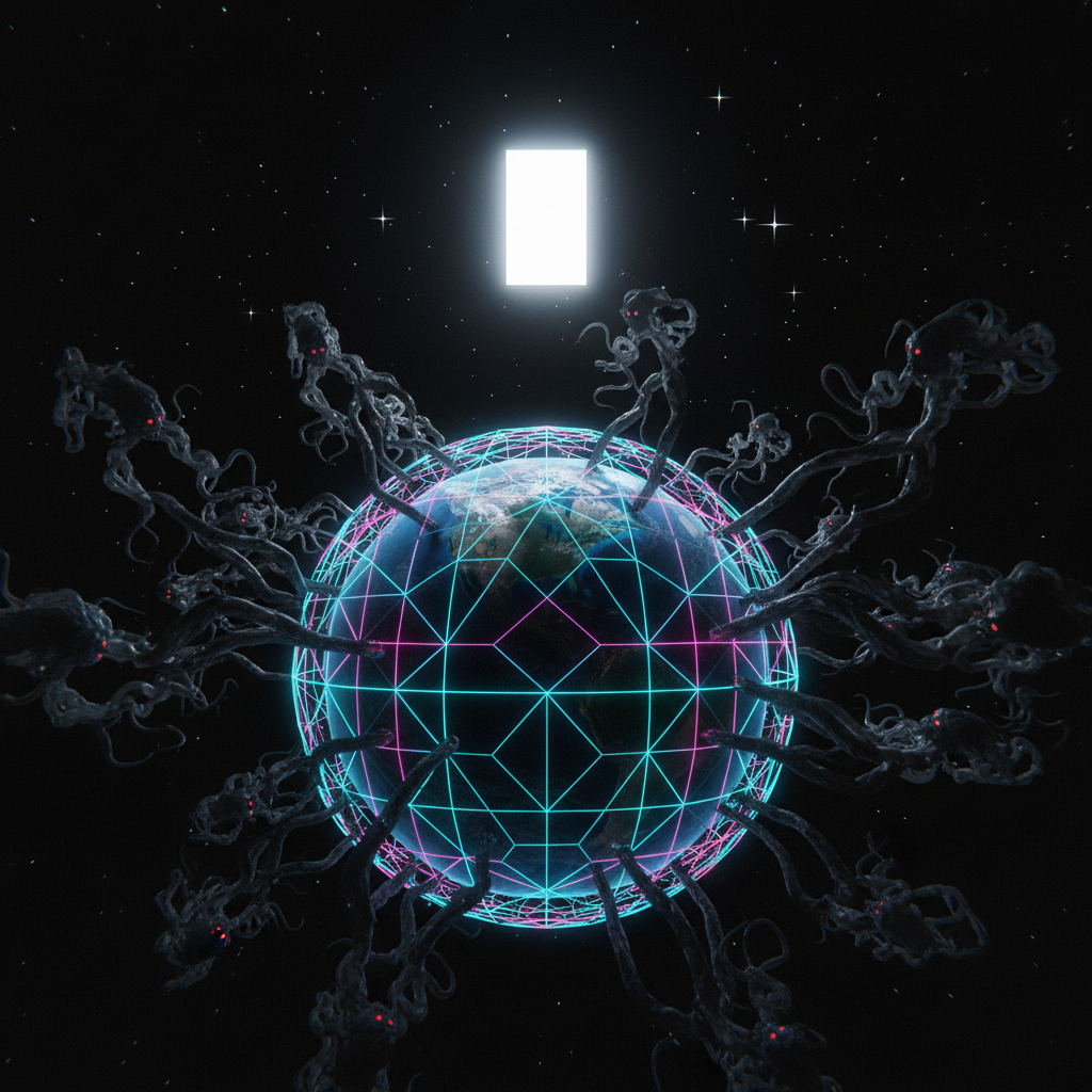 A symbolic depiction of Earth as a prison planet surrounded by a frequency matrix and Archon entities.
