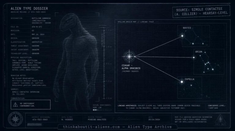 Dossier-style illustration of a faint, underdetailed reptilian silhouette connected by a dotted lineage line to Bootes, Orion, and Capella on a star map, tracing back to the Ciakar of Alpha Draconis.