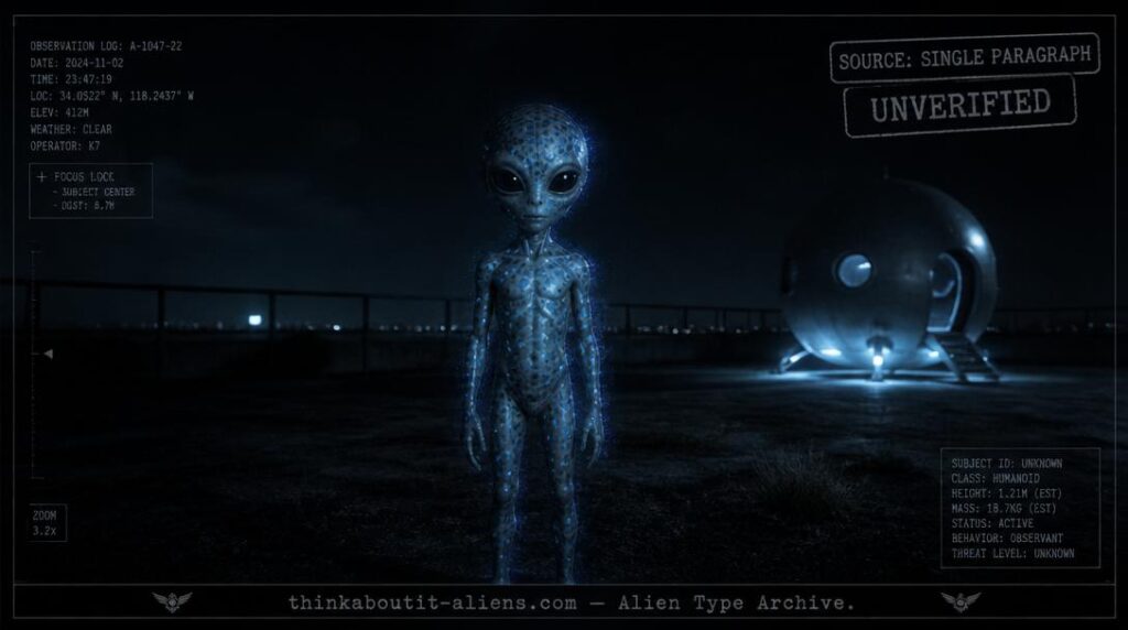 Small blue-spotted humanoid figure partially shimmering into visibility beside a spherical craft at night, illustrating the AFIM alien type