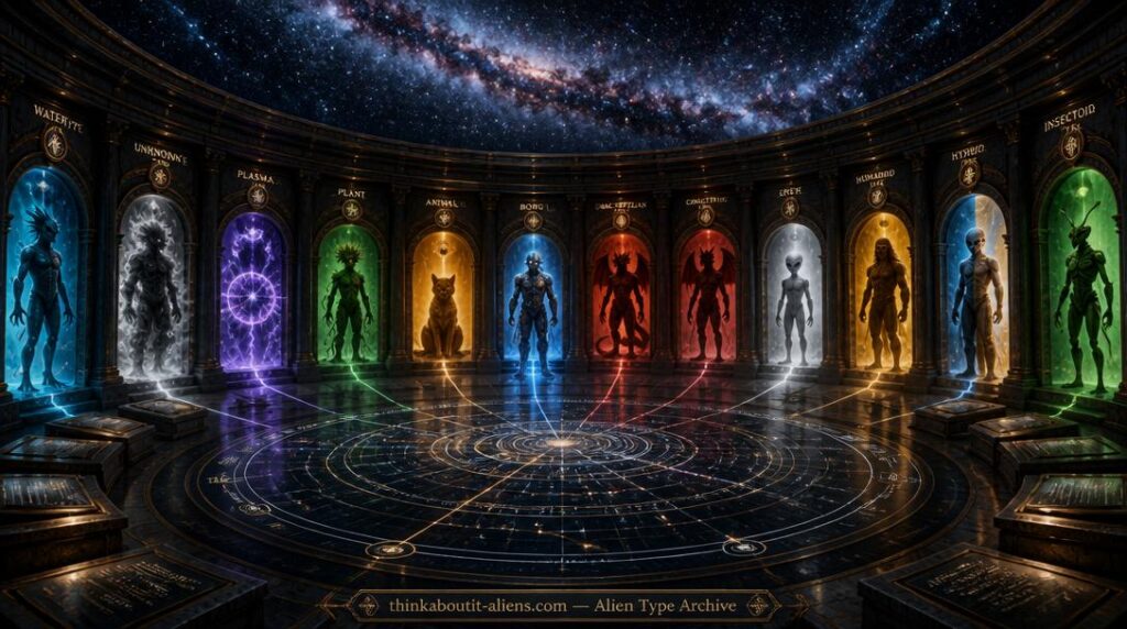 Alien Types: A circular chamber with twelve archways, each containing a backlit silhouette representing a different alien species category — Animal, Borg, Drac-Reptilian, Grey, Humanoid, Hybrid, Insectoid, Light, Plant, Plasma, Unknown, and Water — surrounding a central star map