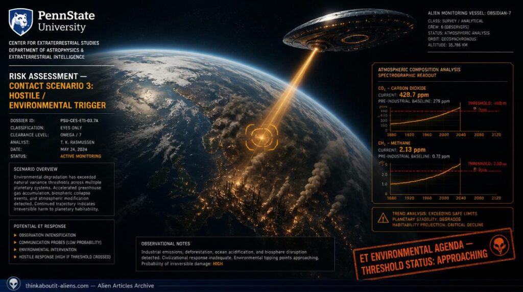 Earth from orbit with brown-grey pollution haze rising from industrial zones, an alien monitoring vessel scanning the atmosphere with an amber beam showing spectrographic CO2 readout crossing a red threshold, Penn State letterhead in corner