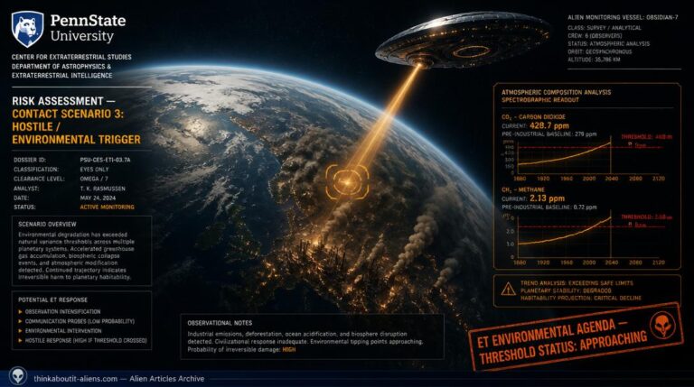 Earth from orbit with brown-grey pollution haze rising from industrial zones, an alien monitoring vessel scanning the atmosphere with an amber beam showing spectrographic CO2 readout crossing a red threshold, Penn State letterhead in corner