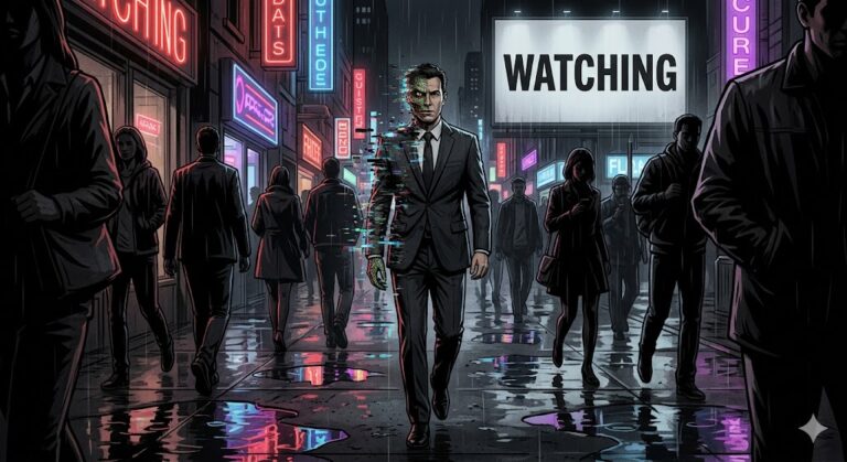 A businessman's face glitching to reveal a reptilian alien underneath, inspired by the movie They Live.