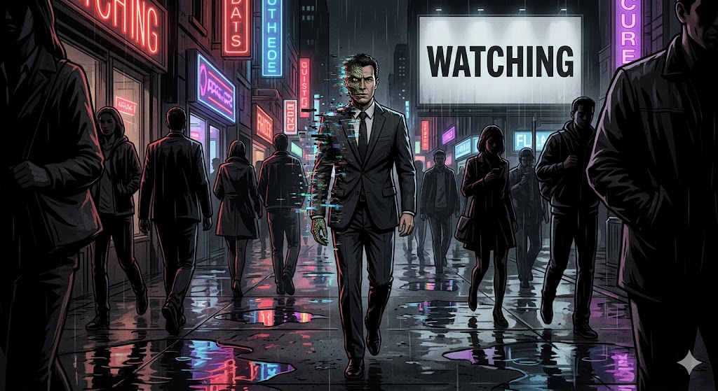 A businessman's face glitching to reveal a reptilian alien underneath, inspired by the movie They Live.