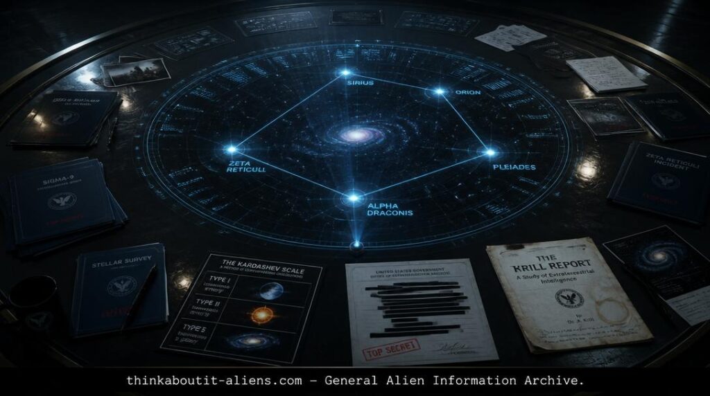 An overhead view of a dark war-room table with a holographic star map, Kardashev Scale diagram, Krill Report, and scattered intelligence dossiers
