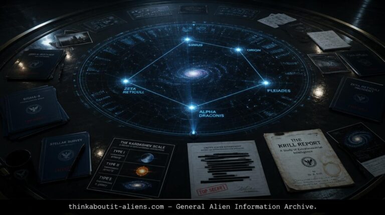 An overhead view of a dark war-room table with a holographic star map, Kardashev Scale diagram, Krill Report, and scattered intelligence dossiers