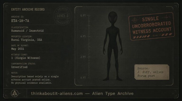 Archive illustration of a bipedal humanoid figure with an oversized insectoid head, representing the disputed Depanoid alien account