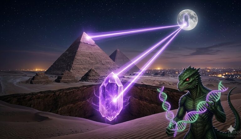 The Giza Crystal pulsing with violet energy beneath the Great Pyramid.