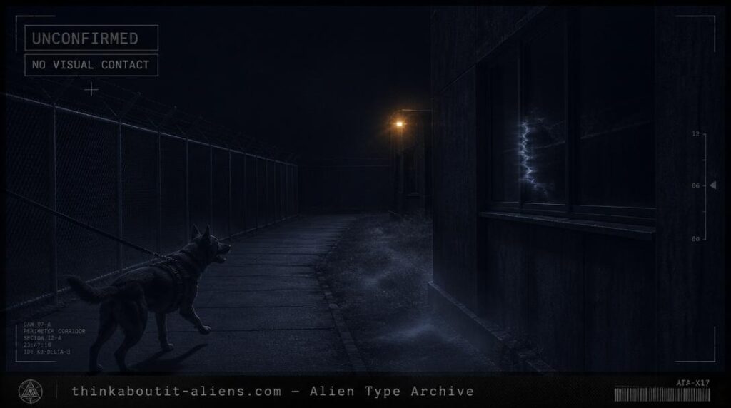 Empty high-security corridor at night with a faint shimmering distortion near a window, illustrating unconfirmed reports of "The Invisibles" alien type