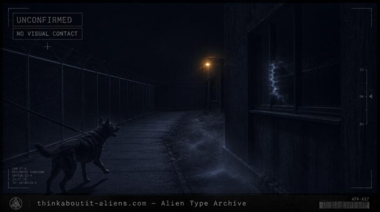 Empty high-security corridor at night with a faint shimmering distortion near a window, illustrating unconfirmed reports of "The Invisibles" alien type