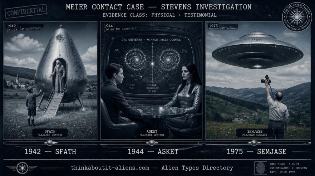 Three-panel timeline showing Sfath's 1942 pear-shaped craft encounter, Asket's DAL Universe star chart briefing, and Meier photographing a Plejaren beamship over Swiss countryside