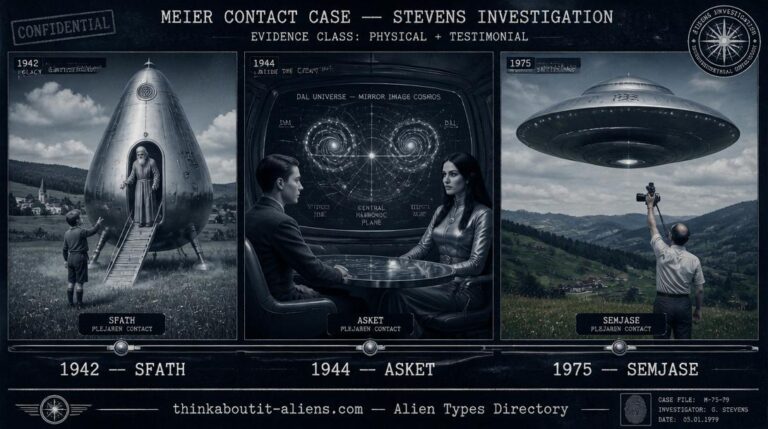 Three-panel timeline showing Sfath's 1942 pear-shaped craft encounter, Asket's DAL Universe star chart briefing, and Meier photographing a Plejaren beamship over Swiss countryside