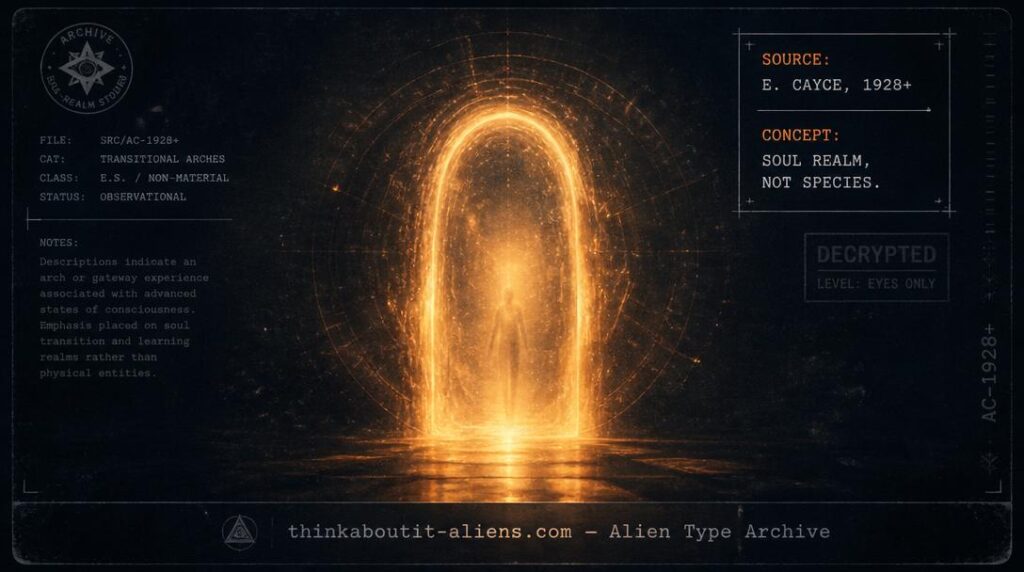 A glowing golden-orange stargate archway in darkness with a faint humanoid silhouette passing through, illustrating the corrected Arcturas/Arcturian concept rooted in Edgar Cayce's "stargate" readings