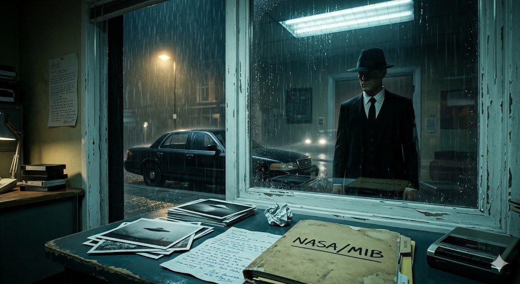 An investigator's desk in the 1990s with files on the Men in Black and a mysterious sedan outside.