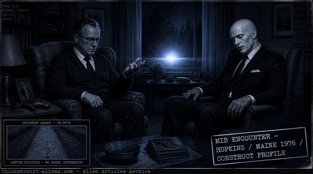 Dr. Herbert Hopkins seated with empty palm after coin dematerialization, facing a slumping hairless MIB visitor with smeared red lipstick and dead-white skin, bluish-white light visible through the window