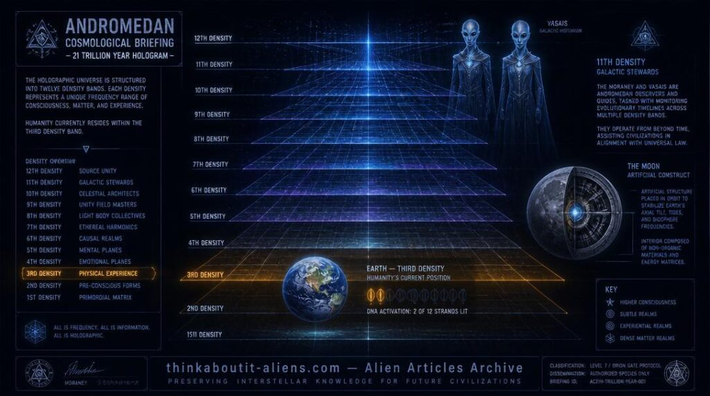 Holographic grid universe with twelve labeled density bands, Earth with truncated 2-of-12 DNA strand at 3rd density, Andromedan figures at 11th density, and artificial Moon cross-section