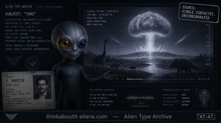 Dossier-style illustration of a small, big-headed humanoid figure with gold and blue eyes beside a viewscreen depicting a nuclear detonation over a prehistoric landscape, representing Riley Martin's Biaviian contact case.
